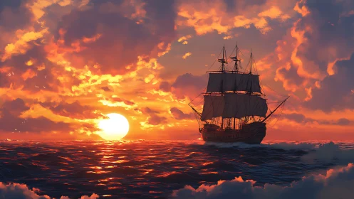 Golden sunset welcomes a tall ship across gentle waves