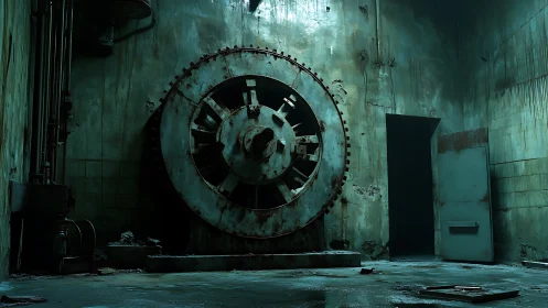 Rusting industrial turbine dominates flooded concrete vault.
