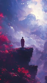 Solitary robed figure contemplates a dreamlike cosmic sky.
