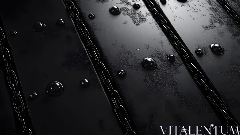 Glossy black metal surface with water droplets and chains, modern.