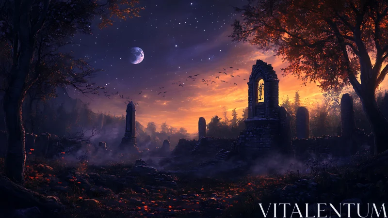 Twilight ruins with moonlit sky and mist, digital painting.