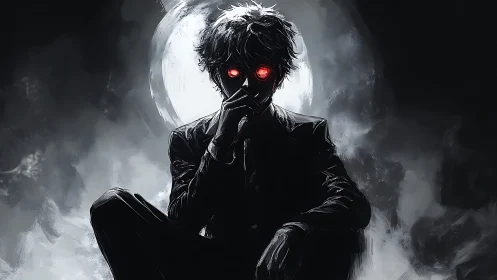 Mysterious red eyed figure resting beneath a ghostly moon.