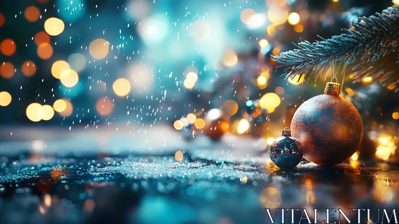 Rain-soaked Christmas ornaments under glittering tree lights.