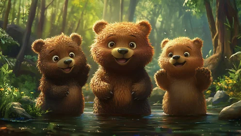 Playful bear cub trio splashing through a sunlit forest creek.