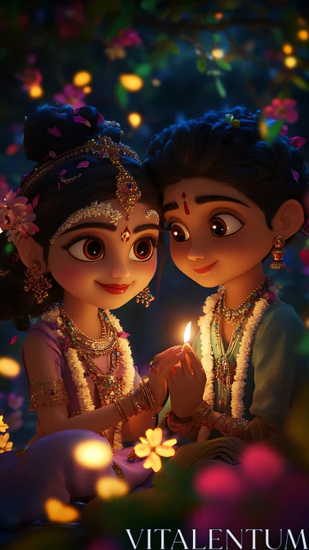 Animated couple in traditional festive attire holding diya.
