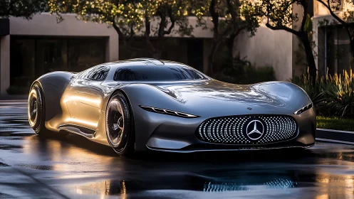 Futuristic silver Mercedes concept car sits on wet driveway