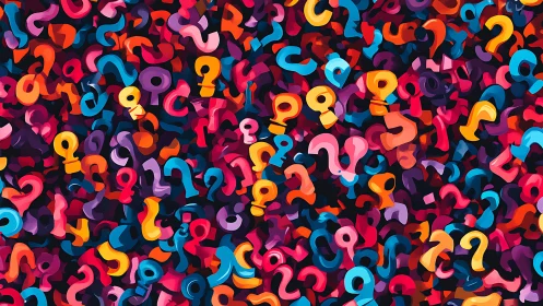 Colorful question marks densely fill the entire abstract frame