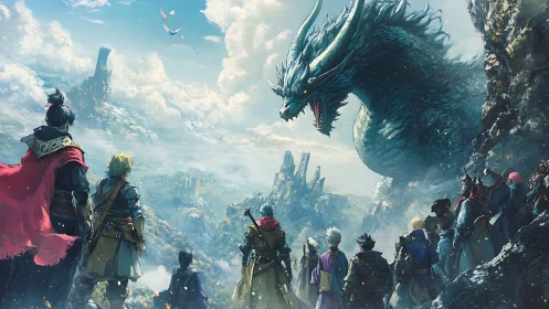 Fantasy adventurers confronting sky dragon above ruins.