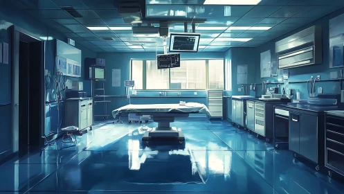 Sunlit surgical theater glows in cool blue stillness.