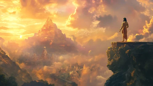 Mythic sunset citadel with heroic figure in digital painting.