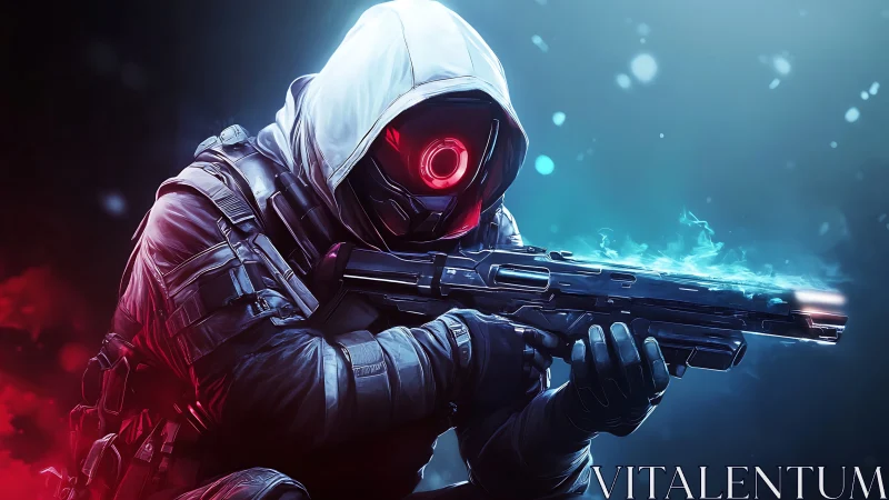 Hooded cyber sniper aims glowing rifle in neon haze.