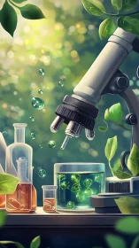 Microscope and glassware arranged for botanical lab study
