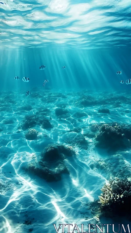 Sunlit coral seabed with striped reef fish in clear water.