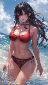 Anime beach portrait in dynamic red bikini composition.