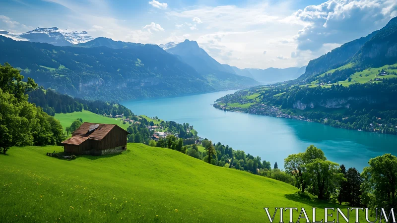 Mountain lake valley holds rustic farmhouse over green slopes