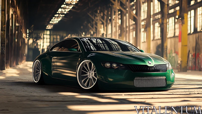 Low-slung green sports car rests in a sunlit industrial hall