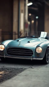 Sky-blue vintage roadster lounges in an industrial daydream.