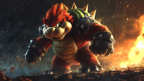 Cinematic Bowser render advances through rain and eruptive fire