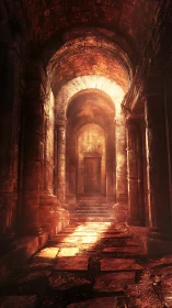 Stone corridor with vaulted arches recedes toward closed door
