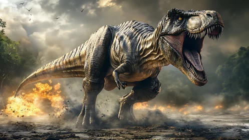 Rampaging Tyrannosaurus Rex in explosive jungle environment.