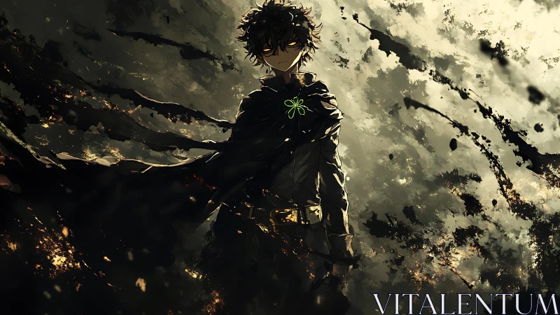 Dark cloaked anime figure amid swirling ash and light.