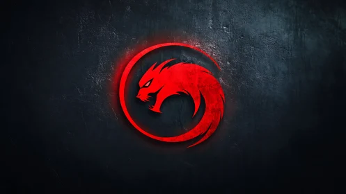 Red cyber dragon emblem glows on dark textured wall.