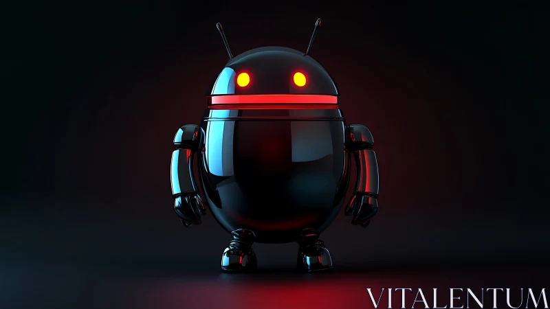 Glossy black android robot with red glowing facial lights.