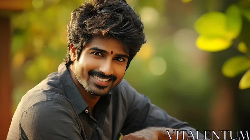 Warm smile under soft sunlight in a leafy garden setting.