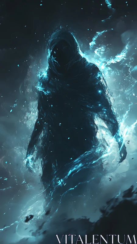 Hooded spectral figure outlined in blue ethereal energy.