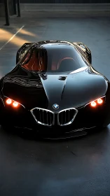 Low-angle render of glossy black BMW concept hypercar in shadow
