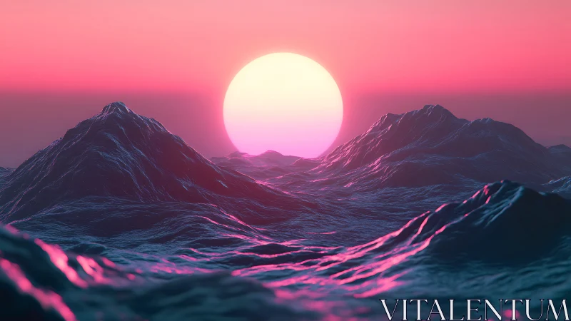 Digital seascape with stylized sun over low polygon waves.