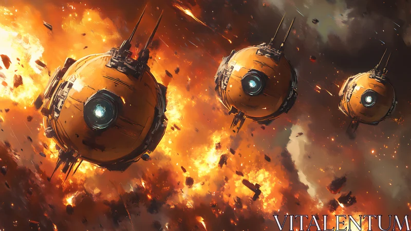 Spherical assault drones crossing starfield firestorm in formation