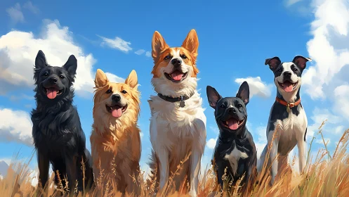Sunlit canine chorus lined up under a laughing blue sky.