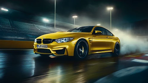 Yellow sports coupe powers through a wet night racetrack