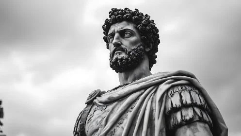 Stone statue of male Roman figure in armor against sky