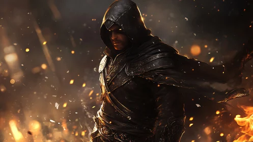 Hooded rogue in dark armor walking through flying embers.
