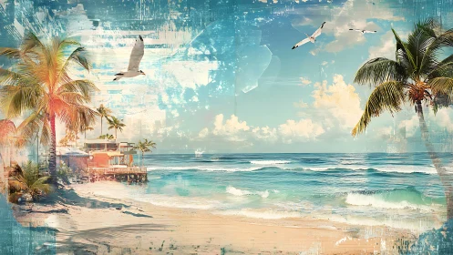 Sunlit tropical beach retreat shimmers in dreamy pastel hues