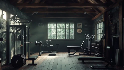 Rustic home gym interior with directional window lighting and free weights