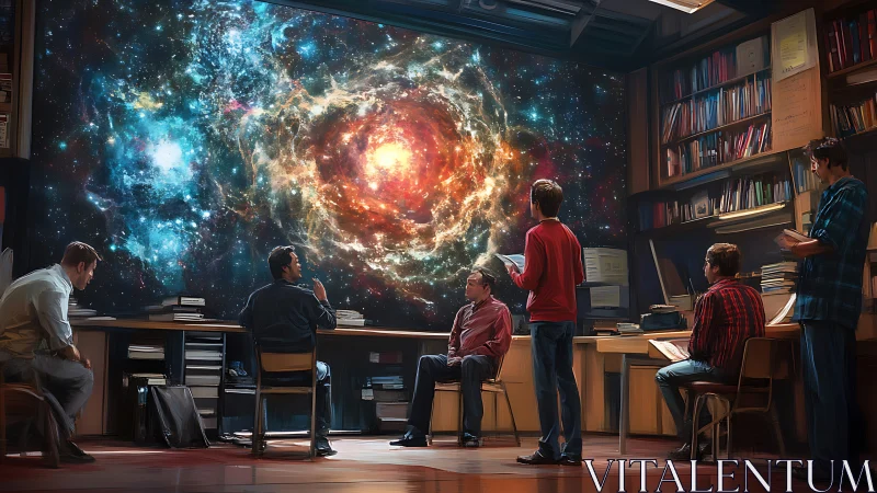 Researchers observe projected nebula in academic library lab.