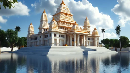 White temple complex stands above reflective water pool