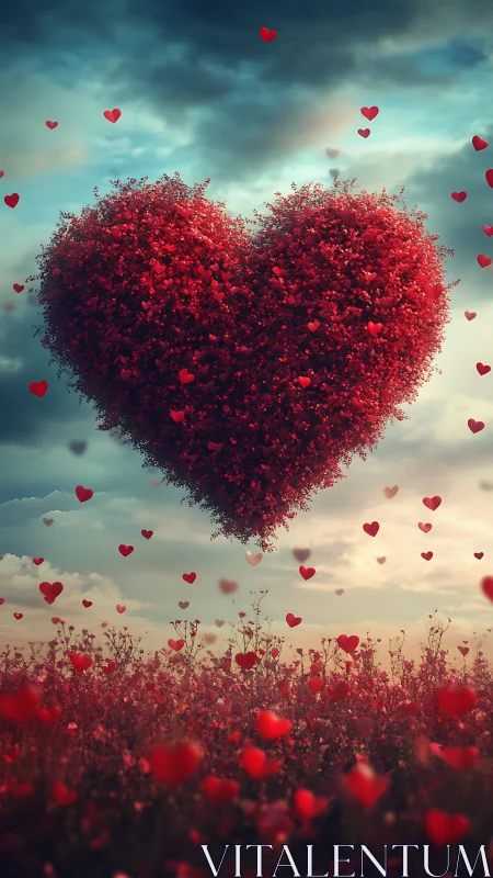 Red Heart Cloud: Romantic Surreal Landscape with Particle Composition.