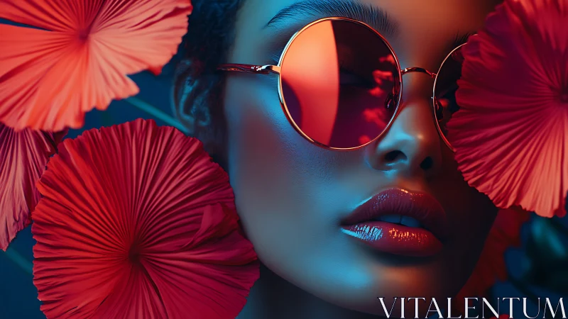 Bold sunglasses and red petals in dreamy neon glow.