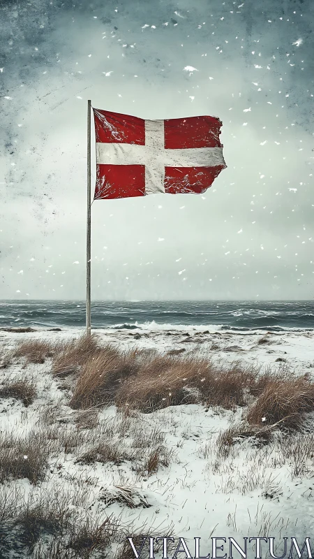 Weathered Danish flag over winter coast in snowfall.