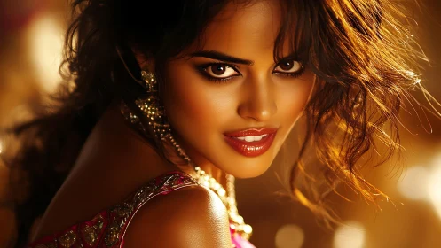 Close-up digital portrait of woman with warm bokeh lighting