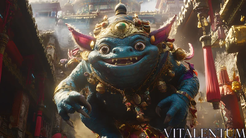 Armored blue monster strides through ornate fantasy city.