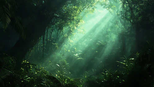 Mystical sunlight filters through dense jungle canopy overhead.