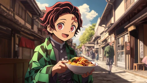 Anime street scene with cheerful diner holding detailed ramen bowl.