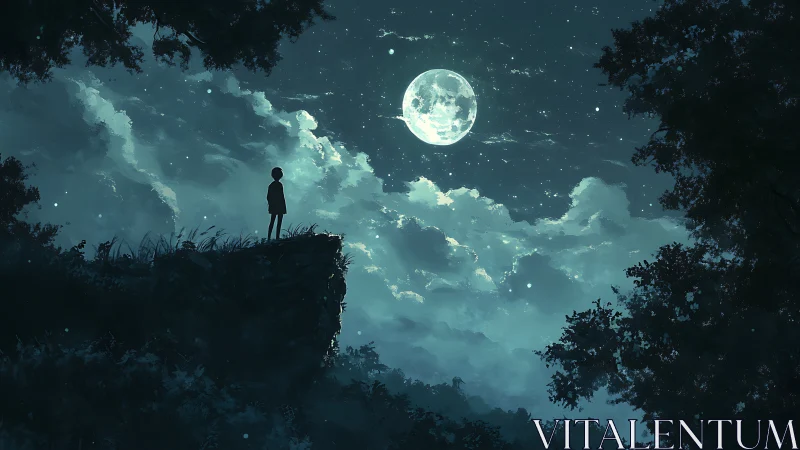 Silhouetted child stands on cliff edge under bright full moon