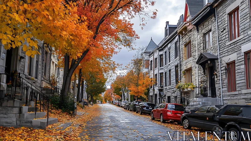 Quiet residential street lined with autumn trees and parked cars.