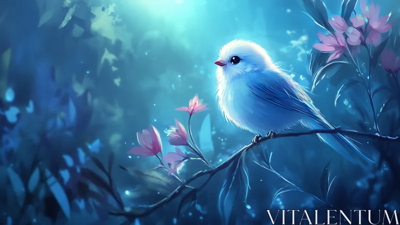 Moonlit fluffbird perches in a glowing blue blossom grove.
